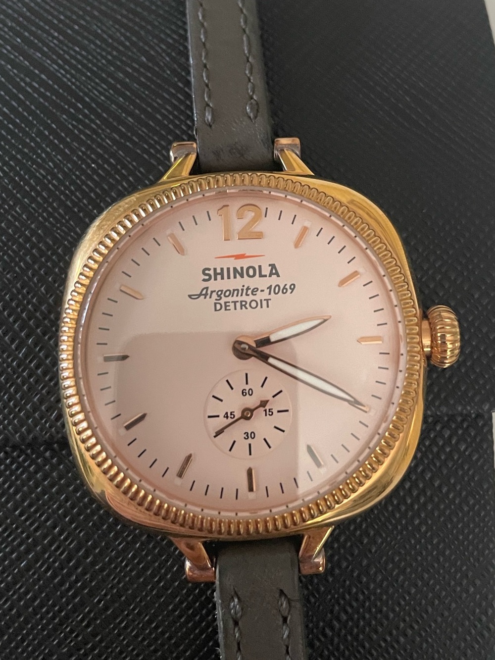 Shinola Rose Gold Case White hands Gray Leather Strap Watch